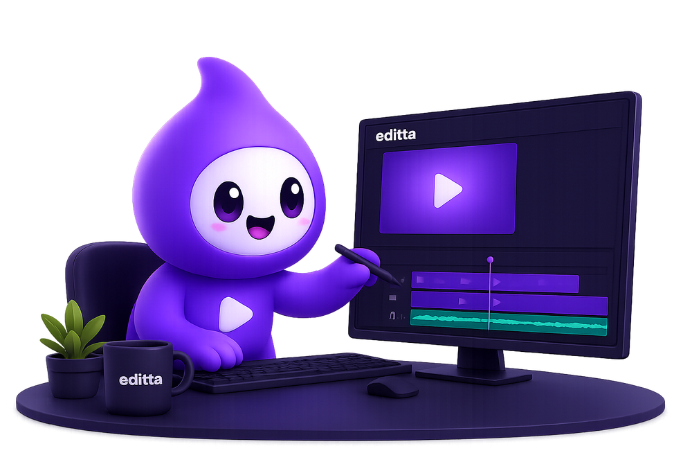 Mascote da Editta editando um vídeo no computador